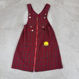 VTG Looney Tunes Tweety Bird Overall Jumper Dress Girls 10/12 Red Plaid Preowned